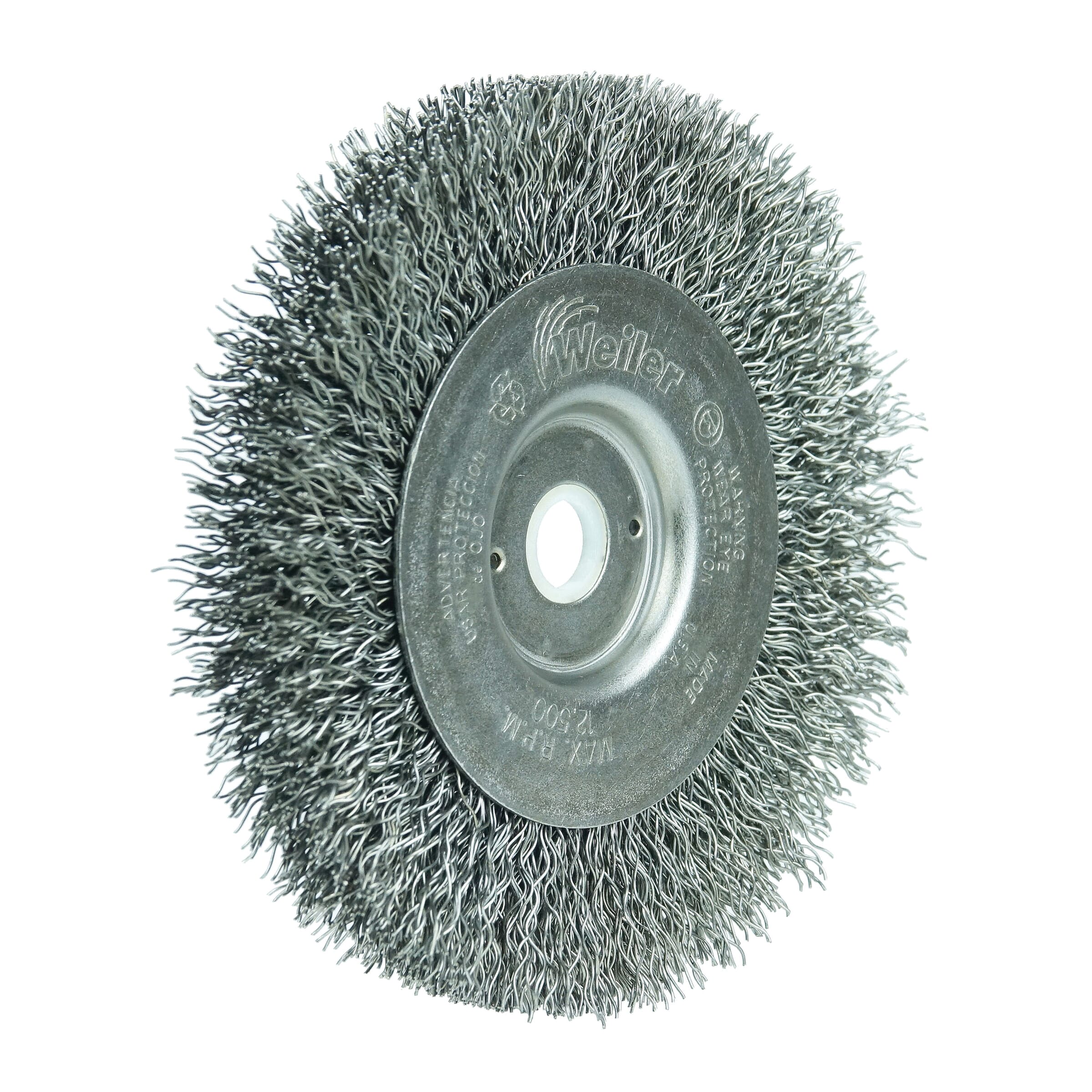 Weiler® 00144 Narrow Face Wheel Brush, 4 in Dia Brush, 1/2 in W Face, 0.014 in Dia Crimped Filament/Wire, 1/2 to 3/8 in Arbor Hole